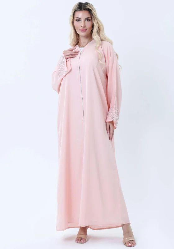 MSquare Fashion Pink Abaya with Ornate Silver Sequined Sleeve Embellishments