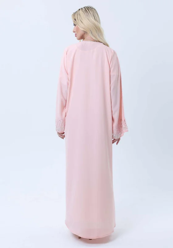 MSquare Fashion Pink Abaya with Ornate Silver Sequined Sleeve Embellishments