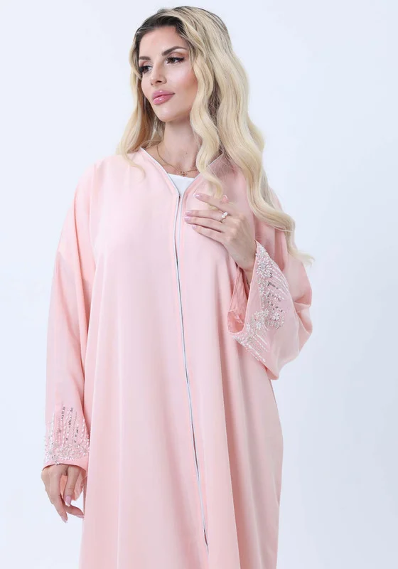 MSquare Fashion Pink Abaya with Ornate Silver Sequined Sleeve Embellishments