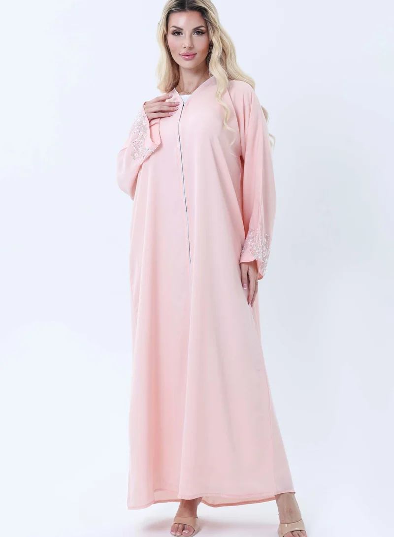 MSquare Fashion Pink Abaya with Ornate Silver Sequined Sleeve Embellishments