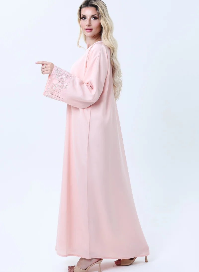 MSquare Fashion Pink Abaya with Ornate Silver Sequined Sleeve Embellishments