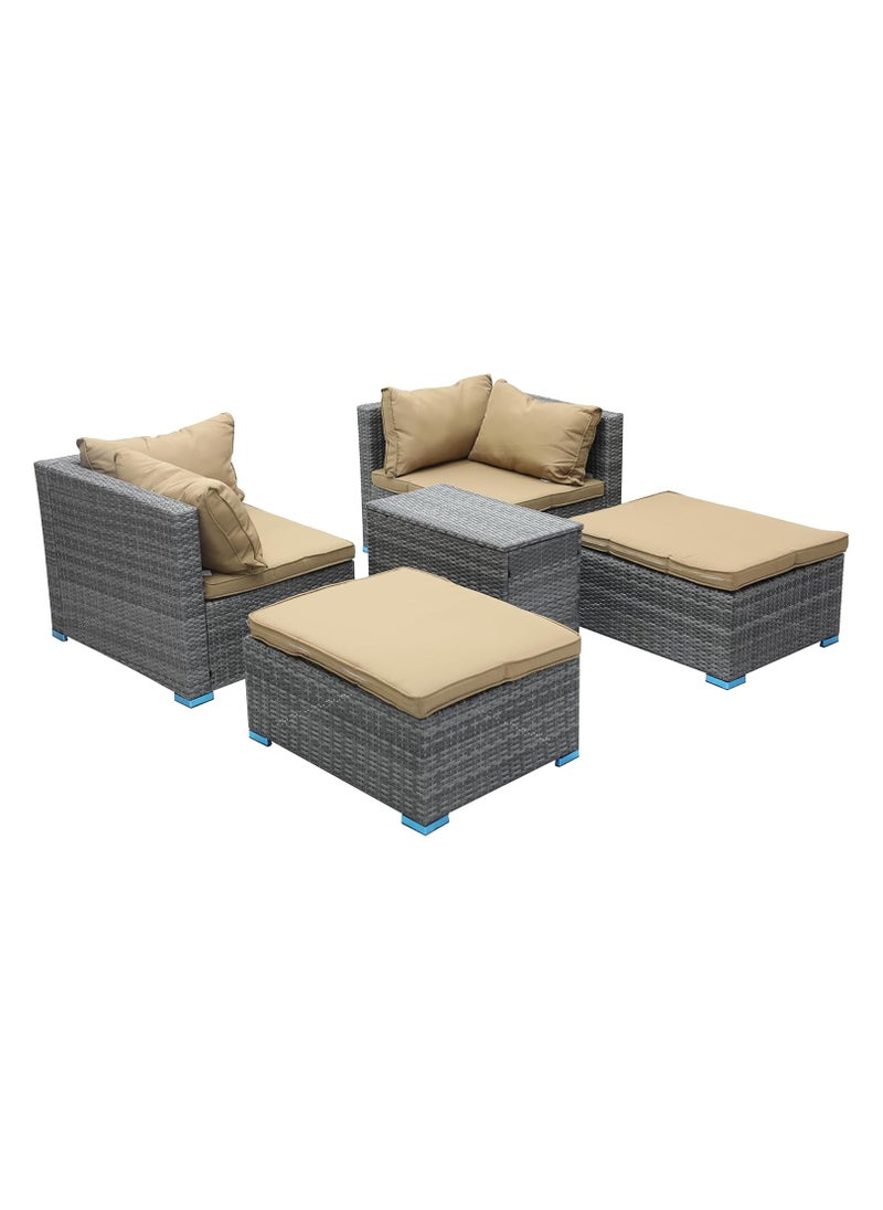 KARNAK - Karnak Garden Lounge Set 5 Piece with Cushions Outdoor Patio Sofa Balcony Set Coffee Table Yard Lounge Bench Poly Rattan Grey & Cushion Golden - Image 1