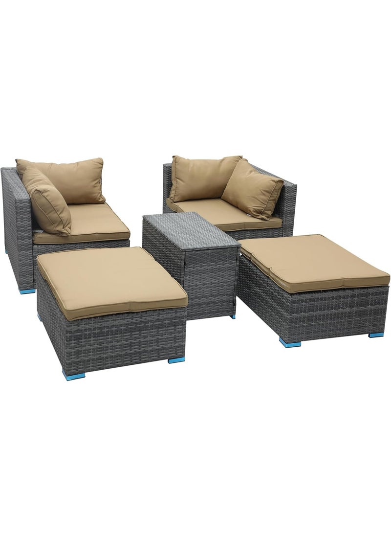 KARNAK - Karnak Garden Lounge Set 5 Piece with Cushions Outdoor Patio Sofa Balcony Set Coffee Table Yard Lounge Bench Poly Rattan Grey & Cushion Golden - Image 1