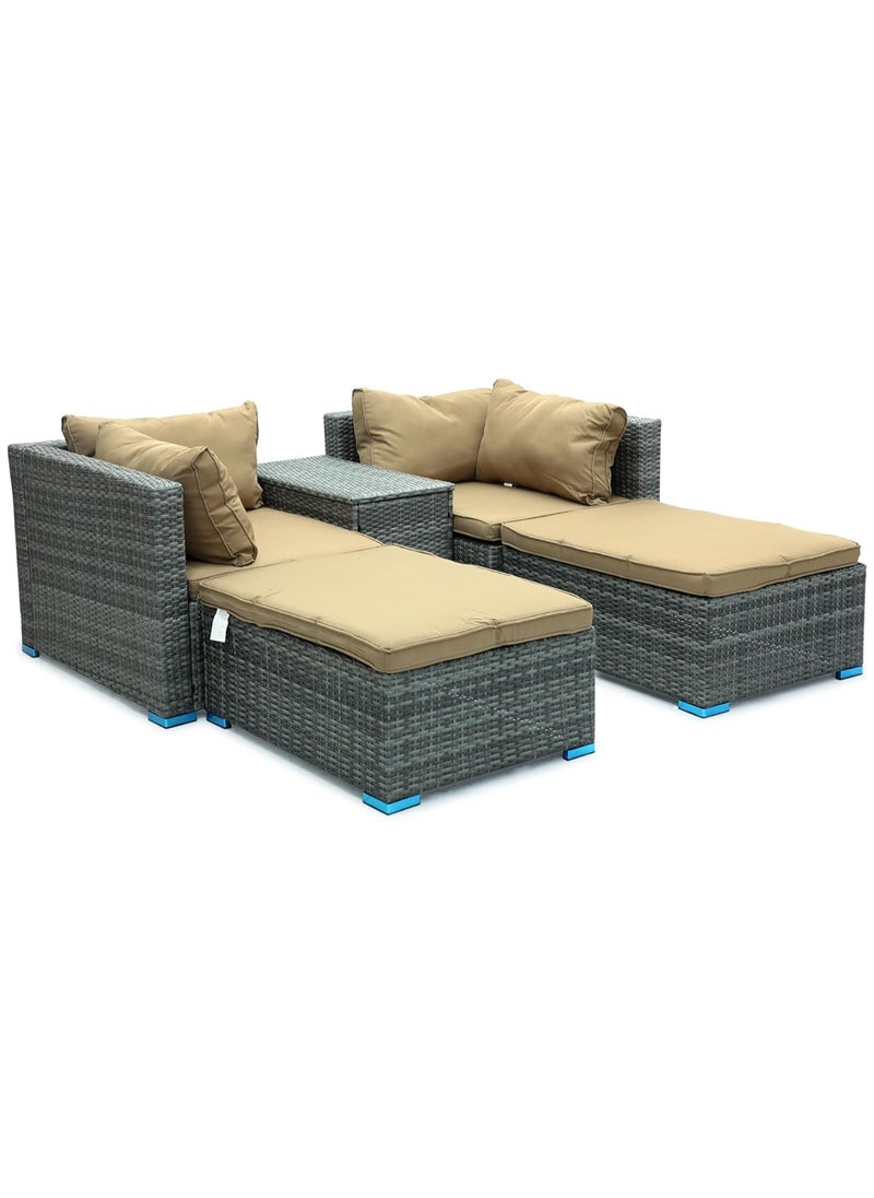 KARNAK - Karnak Garden Lounge Set 5 Piece with Cushions Outdoor Patio Sofa Balcony Set Coffee Table Yard Lounge Bench Poly Rattan Grey & Cushion Golden - Image 1