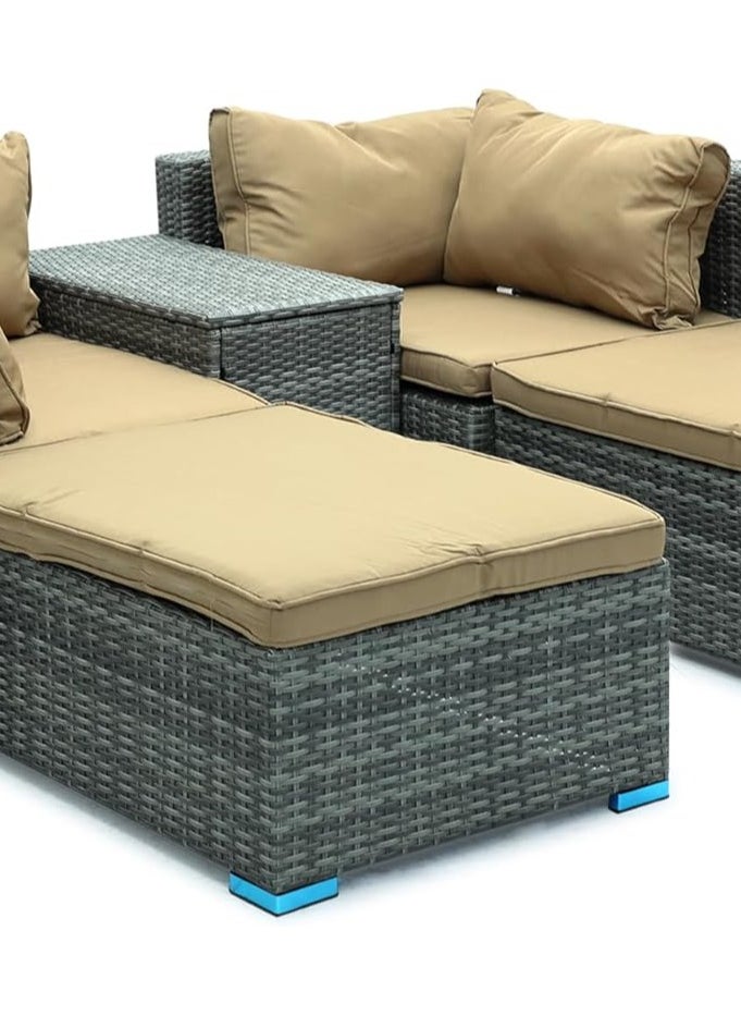 KARNAK - Karnak Garden Lounge Set 5 Piece with Cushions Outdoor Patio Sofa Balcony Set Coffee Table Yard Lounge Bench Poly Rattan Grey & Cushion Golden - Image 1