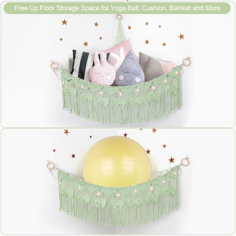 ANROYE Macrame Stuffed Animal Storage with Star Light, Bear Green Hammock for Girls Room Decor, Corner Hanging Mesh Organizer Idea for Nursery, Plushies Toy Wall Hanging Display Holder Kid Boy Gift - Image 5