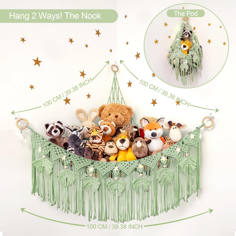 ANROYE Macrame Stuffed Animal Storage with Star Light, Bear Green Hammock for Girls Room Decor, Corner Hanging Mesh Organizer Idea for Nursery, Plushies Toy Wall Hanging Display Holder Kid Boy Gift - Image 4