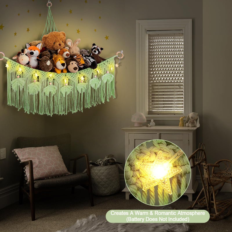 ANROYE Macrame Stuffed Animal Storage with Star Light, Bear Green Hammock for Girls Room Decor, Corner Hanging Mesh Organizer Idea for Nursery, Plushies Toy Wall Hanging Display Holder Kid Boy Gift - Image 2