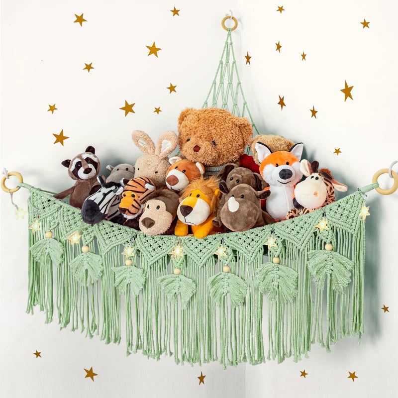 ANROYE Macrame Stuffed Animal Storage with Star Light, Bear Green Hammock for Girls Room Decor, Corner Hanging Mesh Organizer Idea for Nursery, Plushies Toy Wall Hanging Display Holder Kid Boy Gift - Image 1