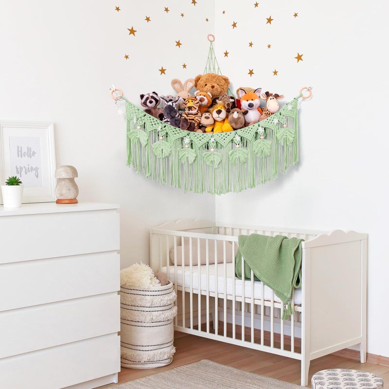 ANROYE Macrame Stuffed Animal Storage with Star Light, Bear Green Hammock for Girls Room Decor, Corner Hanging Mesh Organizer Idea for Nursery, Plushies Toy Wall Hanging Display Holder Kid Boy Gift - Image 3