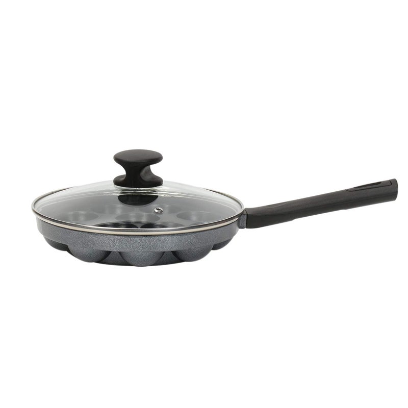 Tosaa Non-Stick Heavy Duty Aluminium 12 Cavity Appam Patra Paniyarakkal One Side Handle with Glass lid & Wooden Picker (Marble Grey) - Image 3