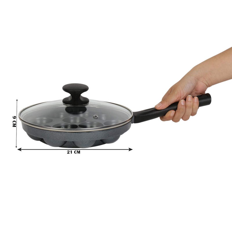 Tosaa Non-Stick Heavy Duty Aluminium 12 Cavity Appam Patra Paniyarakkal One Side Handle with Glass lid & Wooden Picker (Marble Grey) - Image 2