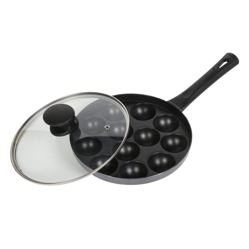 Tosaa Non-Stick Heavy Duty Aluminium 12 Cavity Appam Patra Paniyarakkal One Side Handle with Glass lid & Wooden Picker (Marble Grey) - Image 1