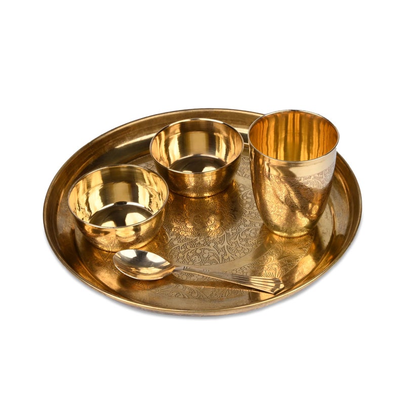 The Divine Tales طقم عشاء مكون من 5 قطع من النحاس الخالص بتشطيب لامع من ذا ديفين تيلز مع 1 طبق و 2 وعاء و 1 كوب و 1 ملعقة لهدايا ديوالي الخاصة (طقم صينية نحاسية) - Image 1