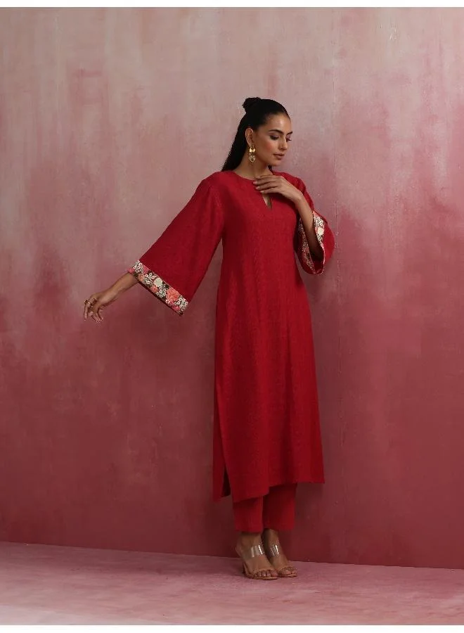 trueBrowns trueBrowns Red Straight Cotton Dobby Kurta Set