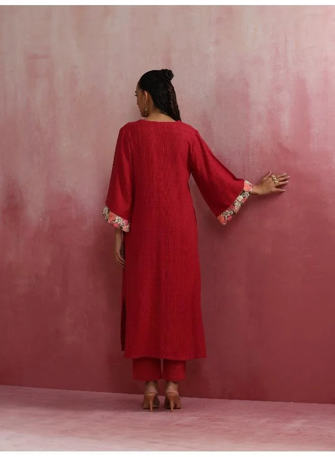trueBrowns trueBrowns Red Straight Cotton Dobby Kurta Set