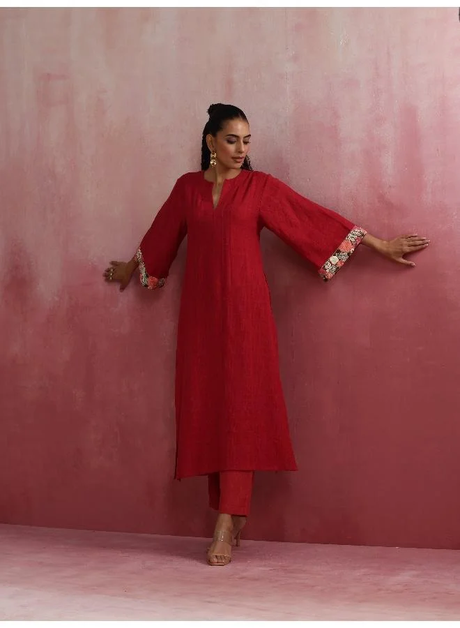 trueBrowns trueBrowns Red Straight Cotton Dobby Kurta Set