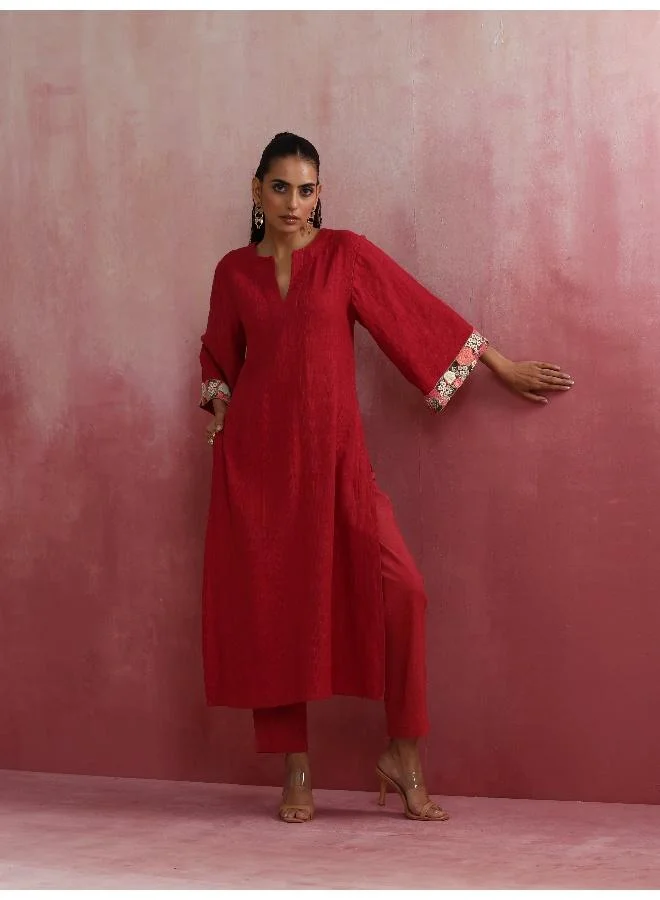 trueBrowns trueBrowns Red Straight Cotton Dobby Kurta Set