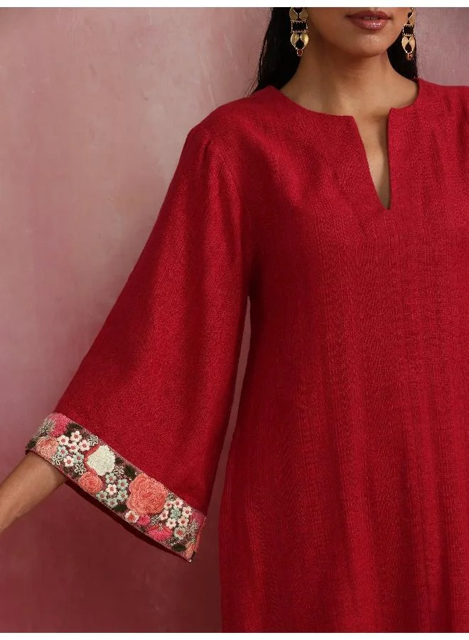trueBrowns trueBrowns Red Straight Cotton Dobby Kurta Set