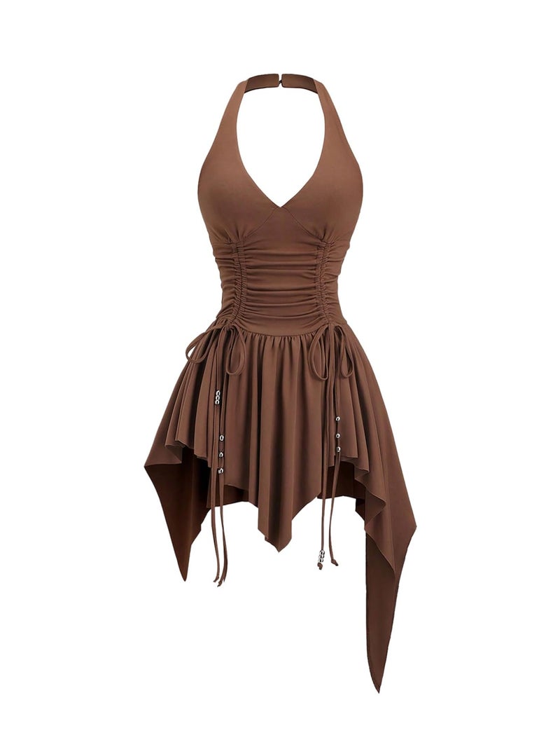 WDIRARA Women's Punk Halter Mini Dress Western Asymmetrical Ruffle Sleeveless Drawstring Ruched A Line Dresses Brown Medium - Image 1