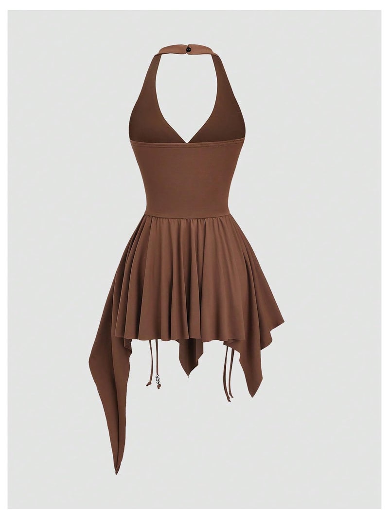 WDIRARA Women's Punk Halter Mini Dress Western Asymmetrical Ruffle Sleeveless Drawstring Ruched A Line Dresses Brown Medium - Image 3