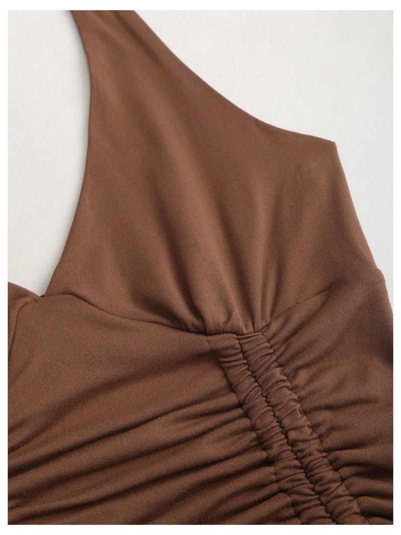 WDIRARA Women's Punk Halter Mini Dress Western Asymmetrical Ruffle Sleeveless Drawstring Ruched A Line Dresses Brown Medium - Image 5