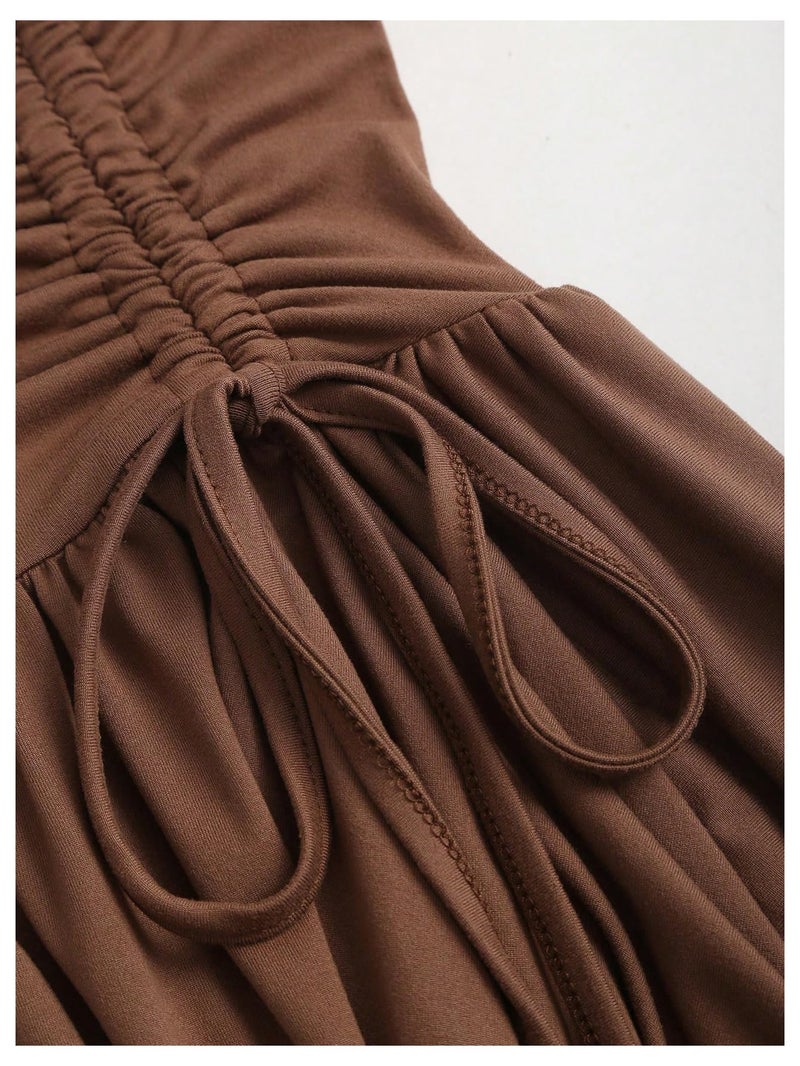 WDIRARA Women's Punk Halter Mini Dress Western Asymmetrical Ruffle Sleeveless Drawstring Ruched A Line Dresses Brown Medium - Image 4