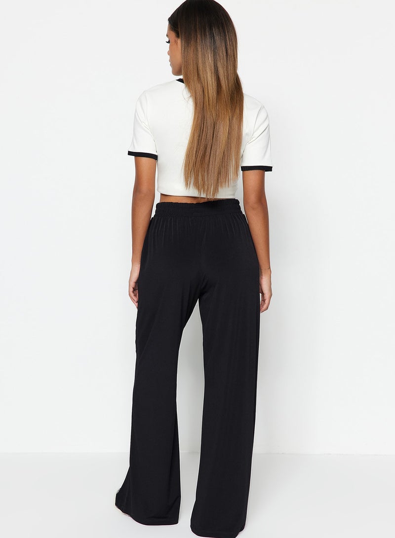trendyol High Waist Stretch Knitted Pants - Black Relaxed Fit Wide Leg TWOSS23PL00129 - Image 4