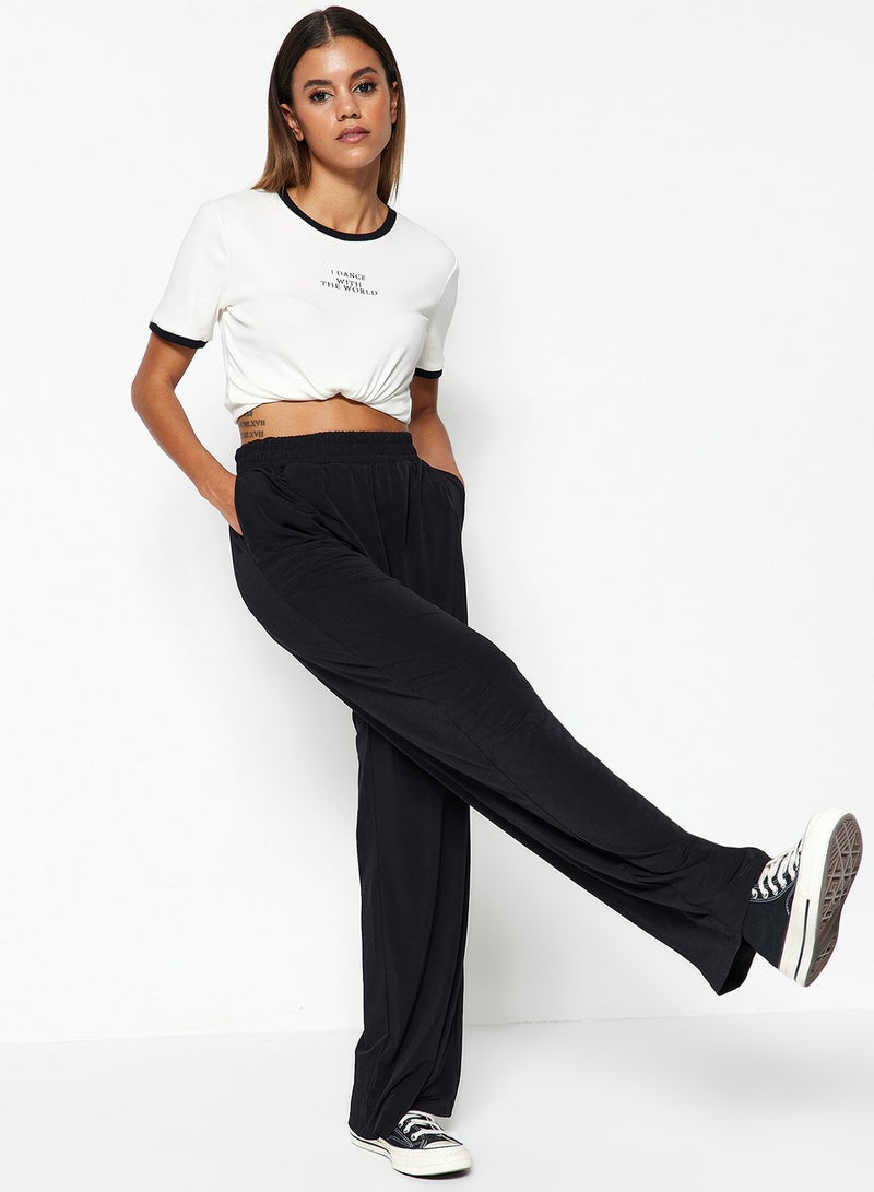 trendyol High Waist Stretch Knitted Pants - Black Relaxed Fit Wide Leg TWOSS23PL00129 - Image 1