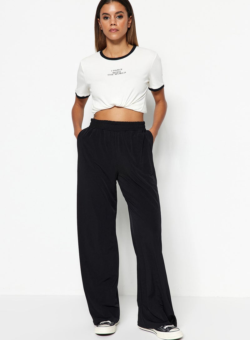 trendyol High Waist Stretch Knitted Pants - Black Relaxed Fit Wide Leg TWOSS23PL00129 - Image 2