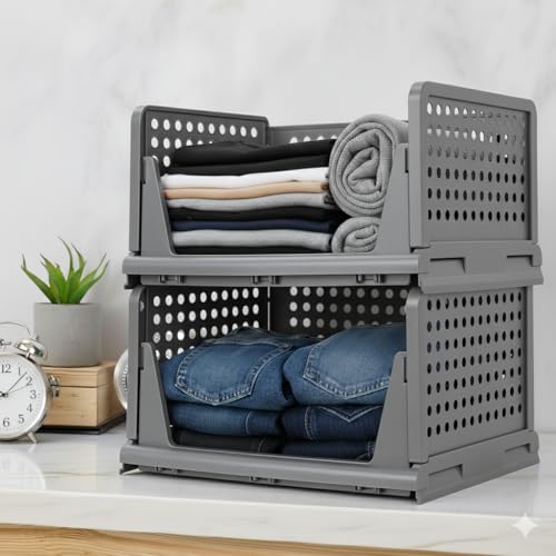MECHDEL Clothes Organizer For Wardrobe Cupboard Organizer For Clothes Foldable & Stackable Closet Organizer Drawer Organizer For Clothes (FOLDING STACKABLE WADROBE -GREY, 2PCS) - Image 1