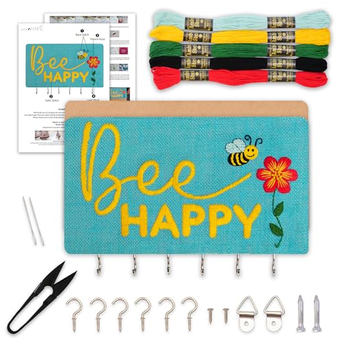 picknMAKE Diy Embroidery Keychain Holder Kit - Stitch Bee Happy Design On Stiff Fabric,Assemble On Mdf Panel,Create A Personalized Wall-Mounted Key Organizer With Hooks,Hinges & Complete Tools,Blue - Image 1
