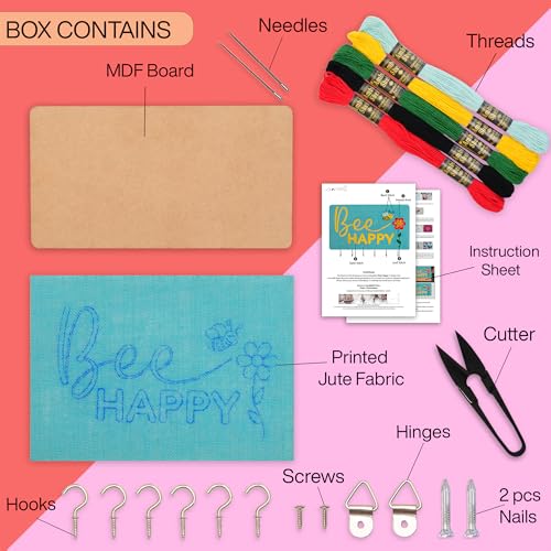 picknMAKE Diy Embroidery Keychain Holder Kit - Stitch Bee Happy Design On Stiff Fabric,Assemble On Mdf Panel,Create A Personalized Wall-Mounted Key Organizer With Hooks,Hinges & Complete Tools,Blue - Image 2