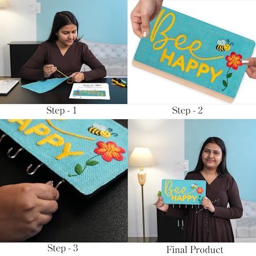 picknMAKE Diy Embroidery Keychain Holder Kit - Stitch Bee Happy Design On Stiff Fabric,Assemble On Mdf Panel,Create A Personalized Wall-Mounted Key Organizer With Hooks,Hinges & Complete Tools,Blue - Image 4