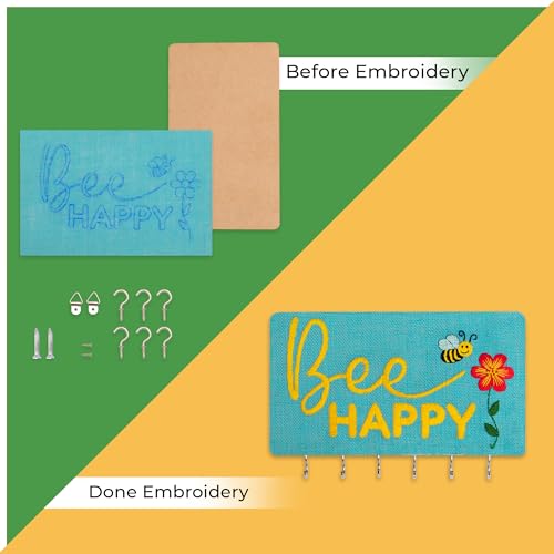 picknMAKE Diy Embroidery Keychain Holder Kit - Stitch Bee Happy Design On Stiff Fabric,Assemble On Mdf Panel,Create A Personalized Wall-Mounted Key Organizer With Hooks,Hinges & Complete Tools,Blue - Image 5