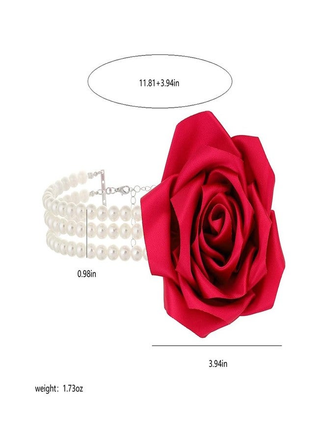 Douxsu Statement Big Red Fabric Flower Pearl Choker Necklace for Women (Red) - Image 2