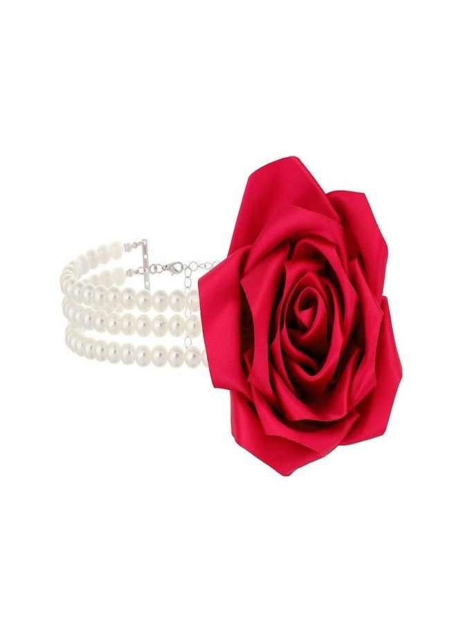 Douxsu Statement Big Red Fabric Flower Pearl Choker Necklace for Women (Red) - Image 5