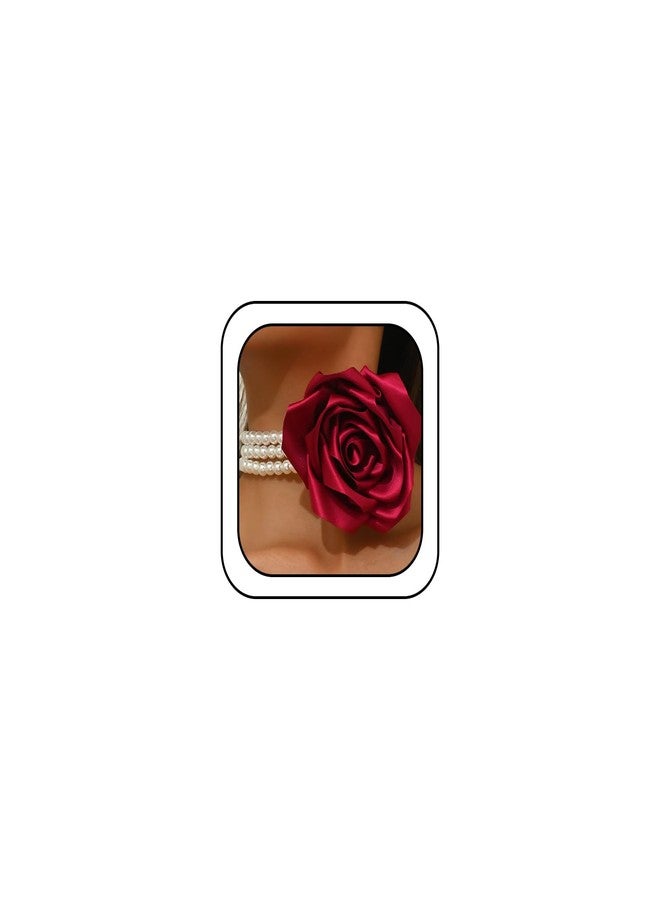 Douxsu Statement Big Red Fabric Flower Pearl Choker Necklace for Women (Red) - Image 1