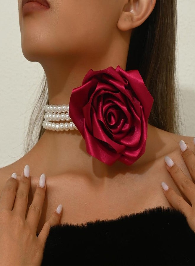 Douxsu Statement Big Red Fabric Flower Pearl Choker Necklace for Women (Red) - Image 3
