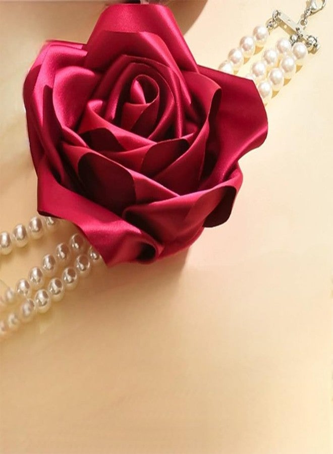 Douxsu Statement Big Red Fabric Flower Pearl Choker Necklace for Women (Red) - Image 4