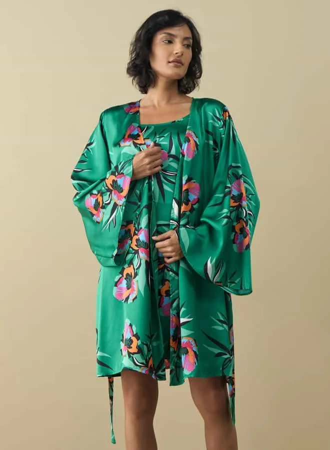 Splash FAV All-Over Floral Print Robe and Slip Dress Set