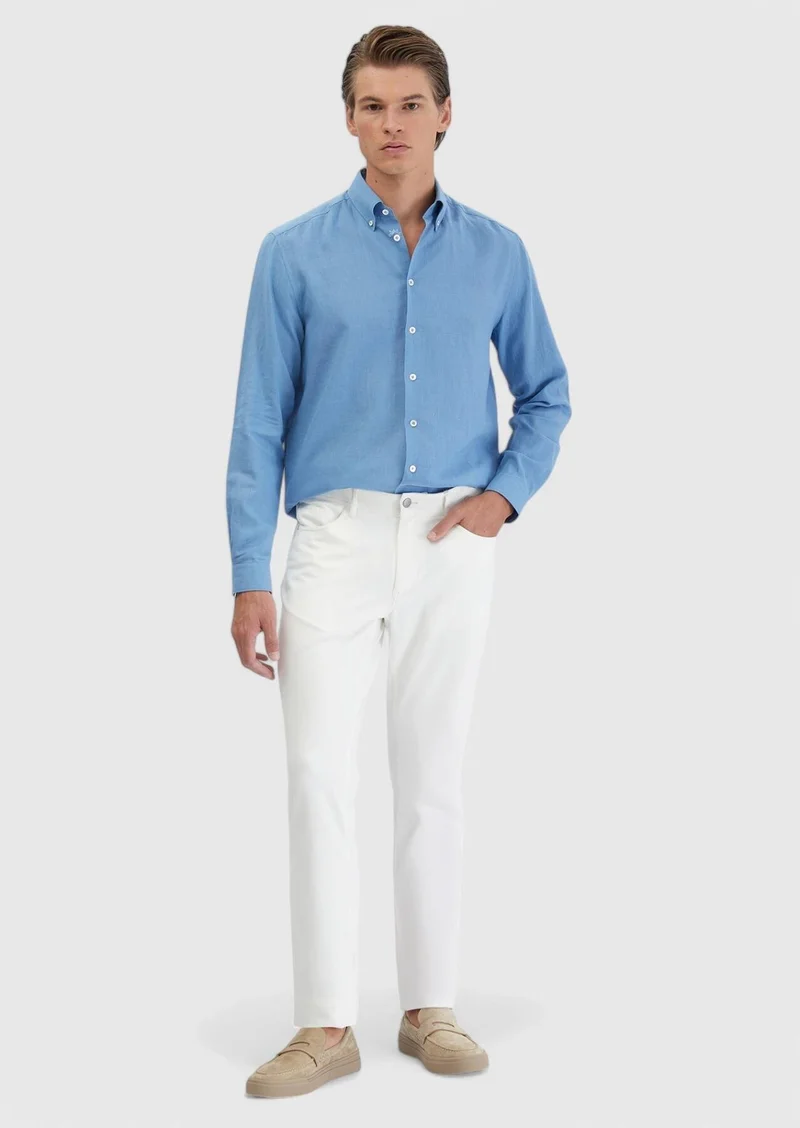 RAMSEY Blue Plain Casual Fit Long Weaving Casual Cotton Blended Shirt