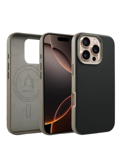 A-Case itsmycase Series Kilyos Made of Lychee Pattern Genuine Leather Case Protection Premium Quality Precise cutouts Compatible with wireless charging For iPhone 16 Pro Max Series - Black