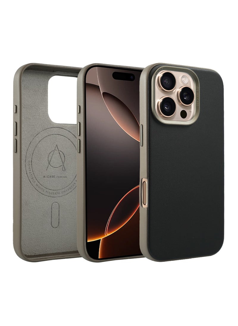 A-CASE - A-Case itsmycase Series Kilyos Made of Lychee Pattern Genuine Leather Case Protection Premium Quality Precise cutouts Compatible with wireless charging For iPhone 16 Pro Max Series - Black - Image 1