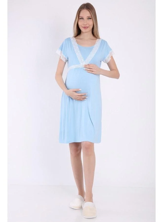 LuvmaBelly Myra9681 Front-Sectioned Lace Maternity Nightgown - Blue.