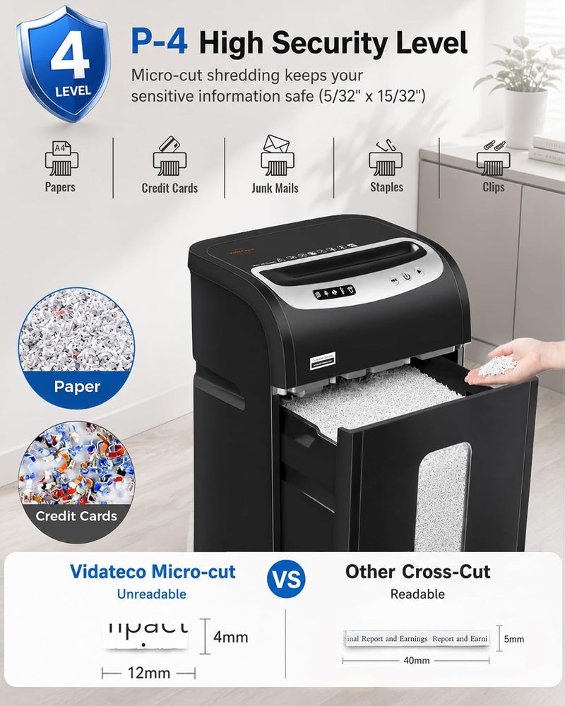 آلة تمزيق الورق من VidaTeco من نوع القطع الدقيق، ثقيلة الاستخدام، تمزيق 18 ورقة/بطاقة/دبابيس/مشابك، مناسبة للاستخدام في المكتب المنزلي، مستوى الأمان P-4، نظام مضاد للانسداد، سلة سحب 30 لتر وعجلات - Image 4