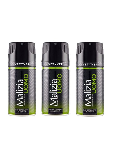 Malizia Uomo Deo Vetyver Body Spray 150 ml (Pack of 3) 3X150ml