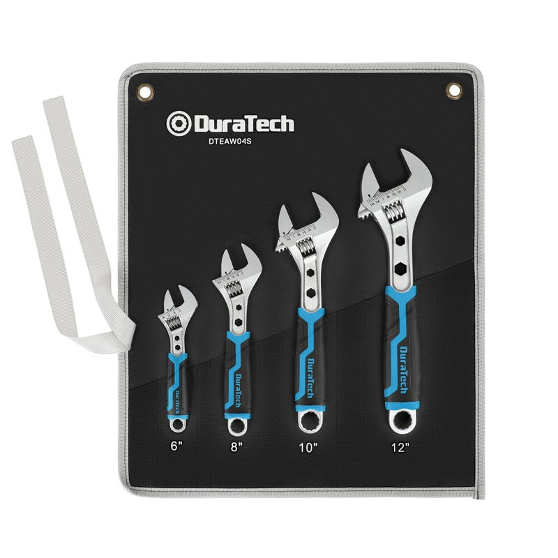 DURATECH 4Piece Adjustable Wrench Set 6inch 8inch 10inch 12inch 3in1 Spanner with Box EndHex Function CRV Steel Chromeplated Bimaterial soft Grip with Rolling Bag