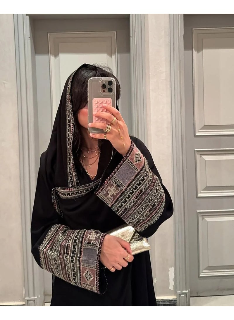 Khamra Black Embroidered Abaya with Royal Crepe Fabric and Snap Closure - Image 3