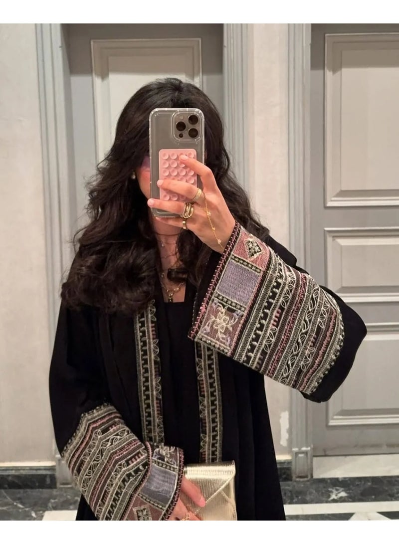 Khamra Black Embroidered Abaya with Royal Crepe Fabric and Snap Closure - Image 2